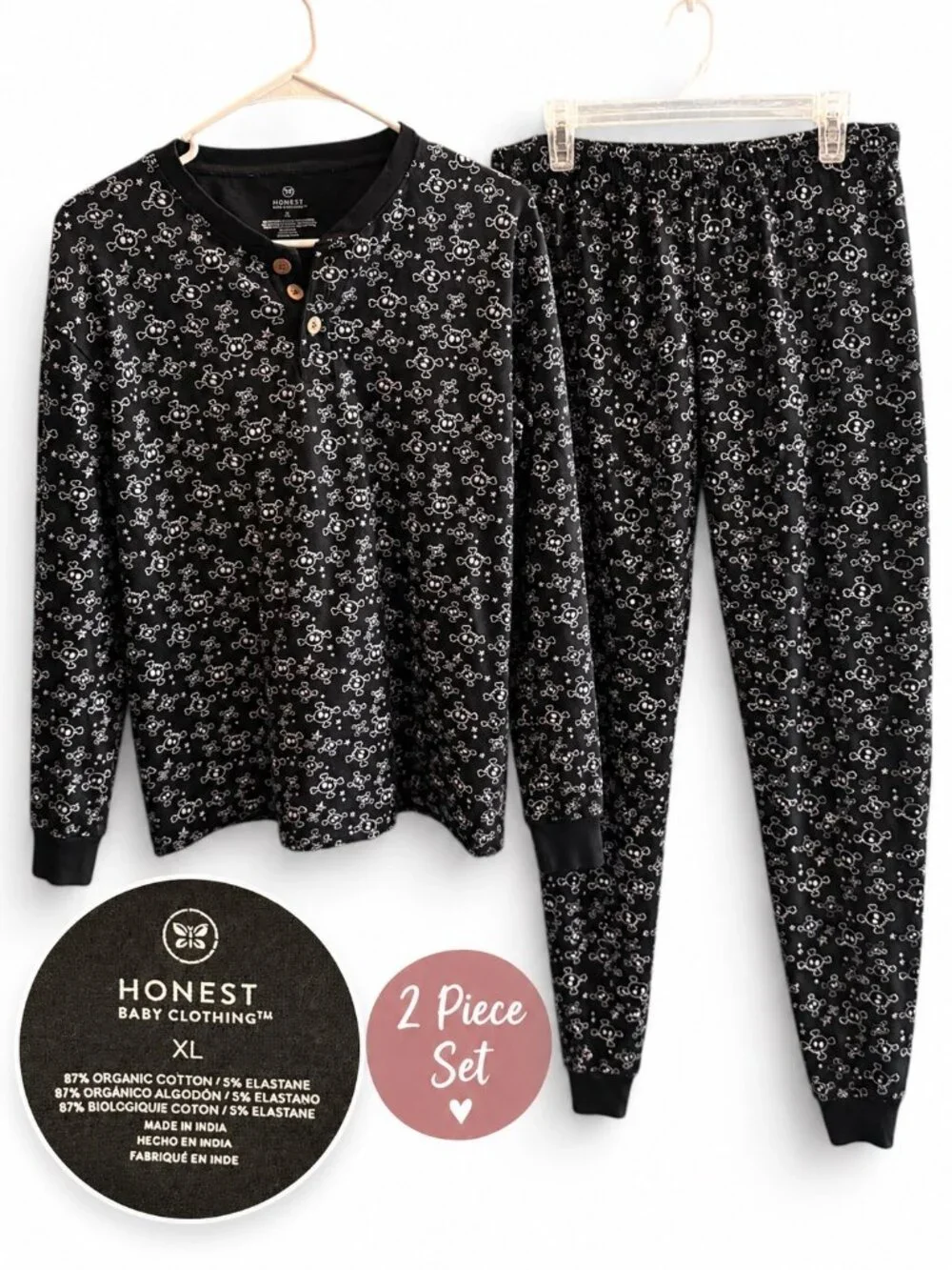 Honest Baby Clothing 2-Piece Pajama Set – Black Skull Print – Women’s XL